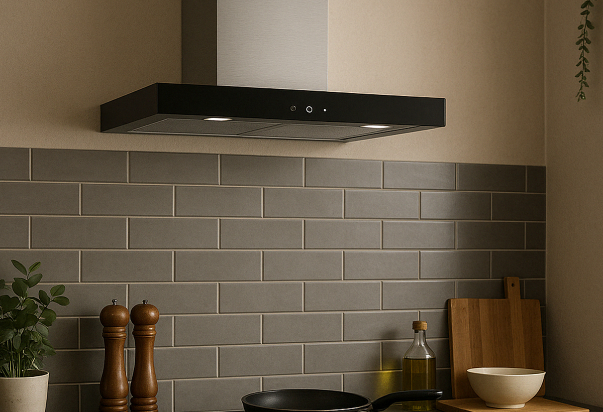 Απεικονίζεται ο απορροφητήρας εγκαταστημένος σε μια κουζίνα.